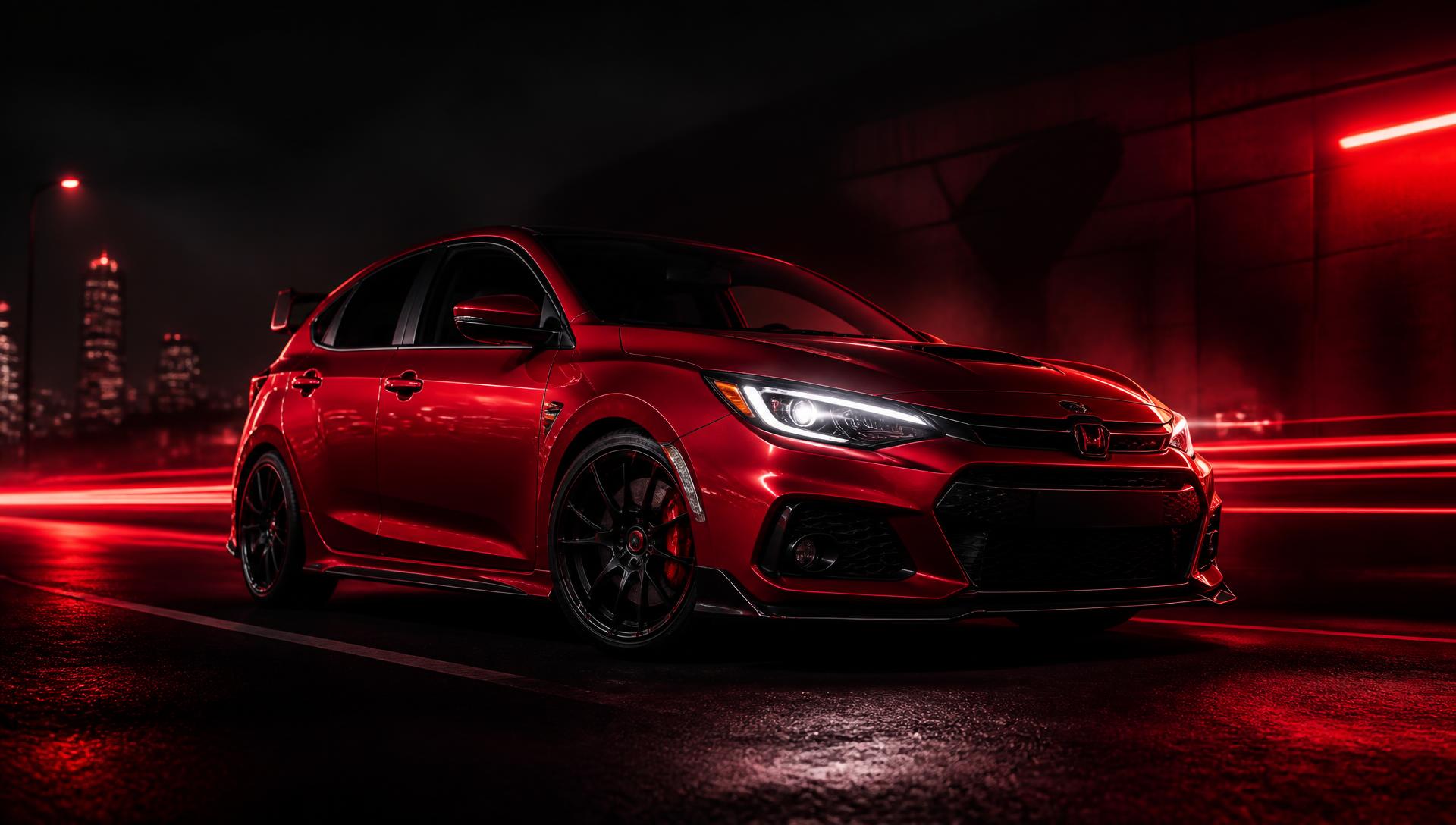 Red performance car at night